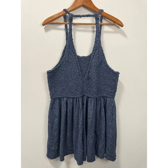 Free People Mountain View Crochet Knit Babydoll Sweater Tank Tunic Dress Navy L - Picture 5 of 7